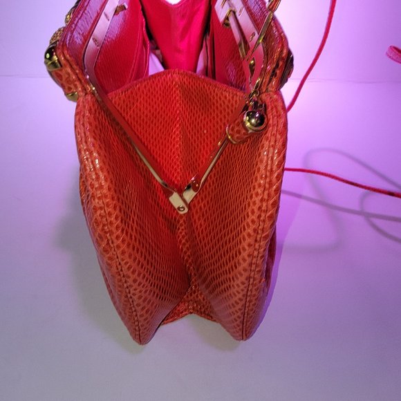 Vintage Judith Leiber Red Snakeskin Clutch with Strap and Gemstones w/ gold comb - Picture 4 of 9